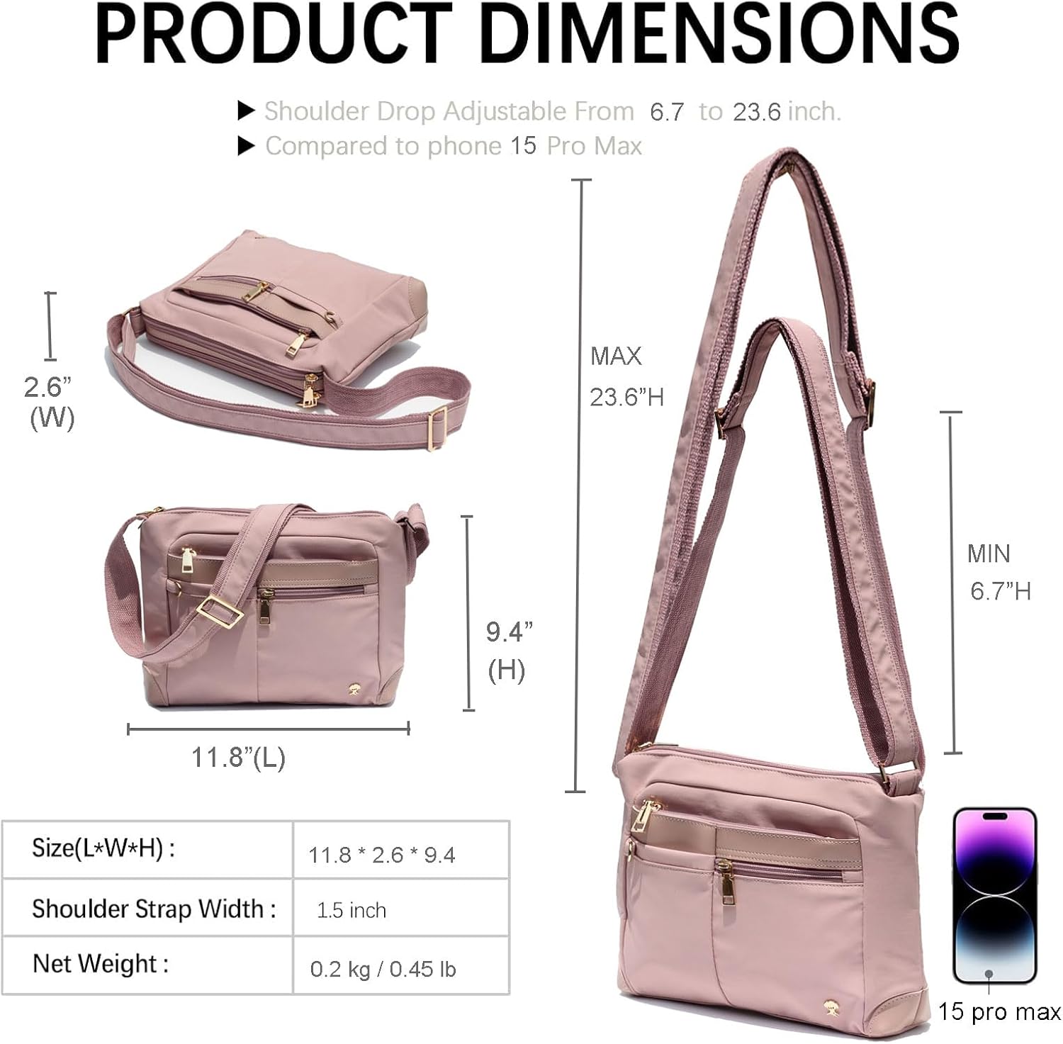 ESVAN Nylon Crossbody Bag For Women Waterproof Lightweight Casual Multi Pockets Shoulder Handbag Purse