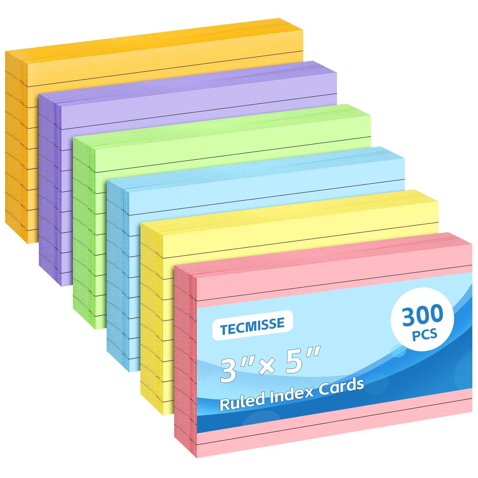 Tecmisse Tarjetas de índice de colores de 3 x 5, 300 unidades, tarjetas de índice rayadas, un lado en blanco, tarjetas flash para estudio, tarjetas de notas pesadas para oficina, hogar y escuela
