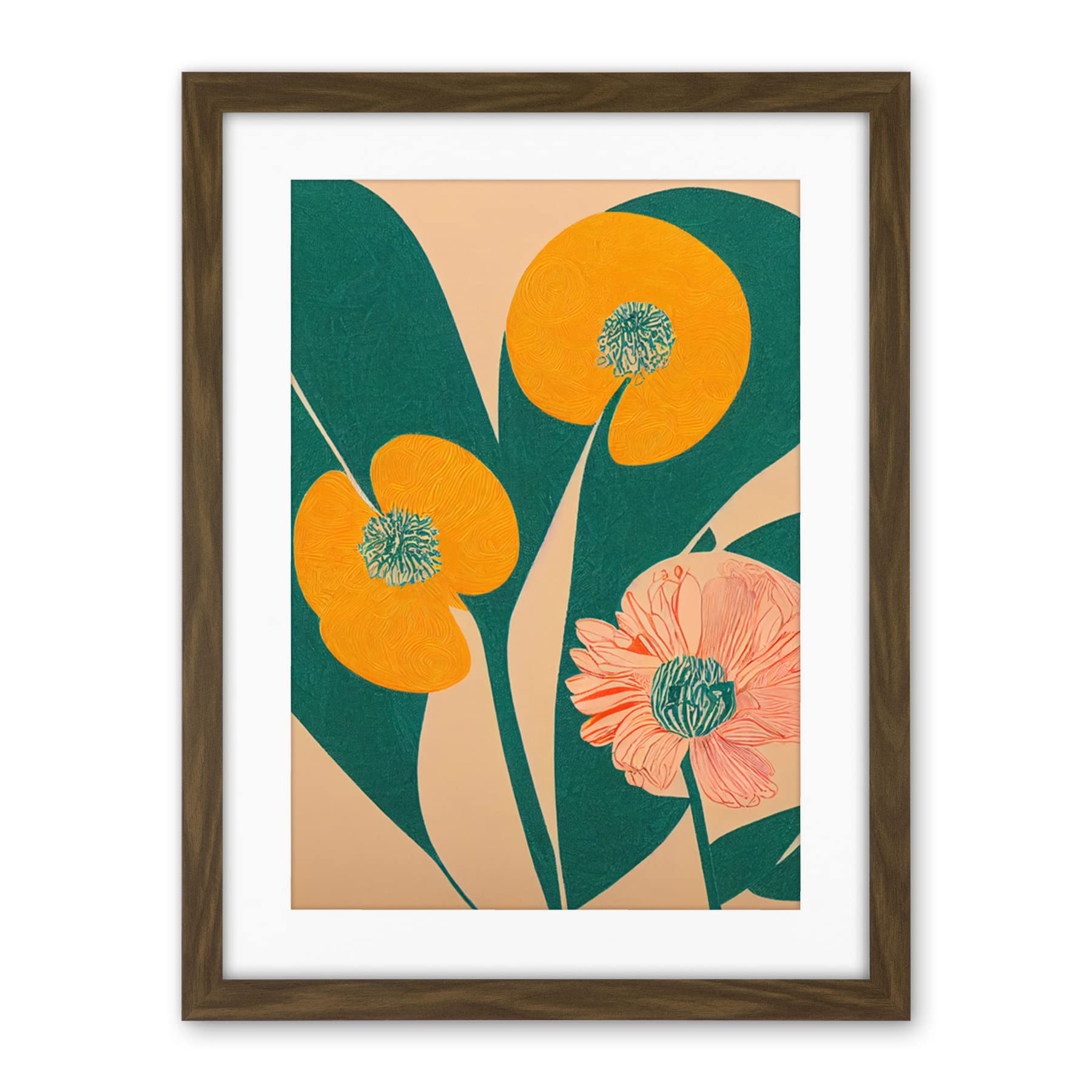 Wee Blue Coo California Poppy Flower Blooms Turquoise Leaves Bright Artwork Framed Wall Art Print 18X24 Inch