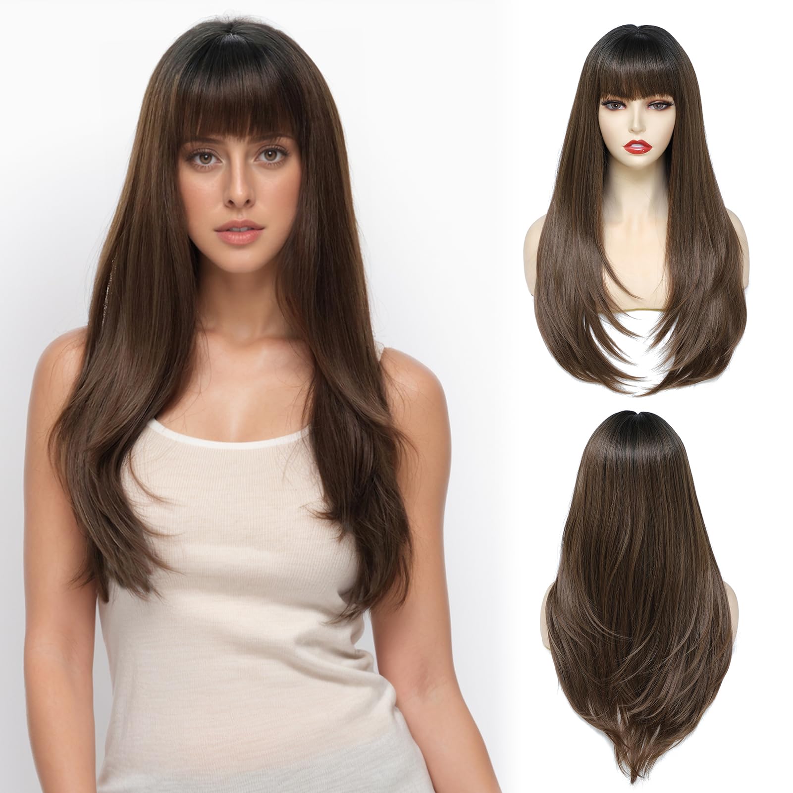 Yamel Hair Wigs with Fringe Balayage Brown 24 Inch Adjustable Cosplay or Daily Natural Straight Long Wigs for Women Lady