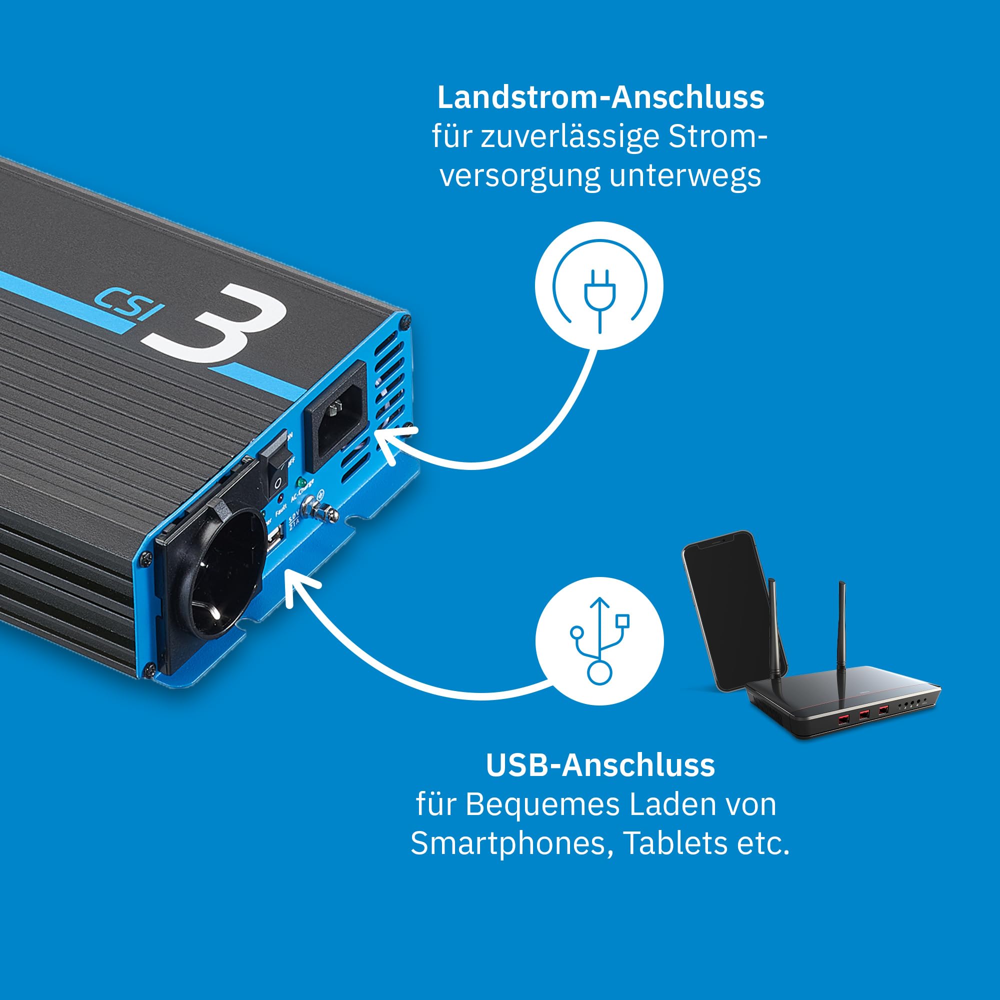 ECTIVE - Wechselrichter 12V auf 230V CSI 3-300W Reine Sinuswelle - Offgrid-Spannungswandler DC/AC Strom mit USB, Überlast- & Überhitzungsschutz, NSV & USV Funktion und Batterieladefunktion bis 10A