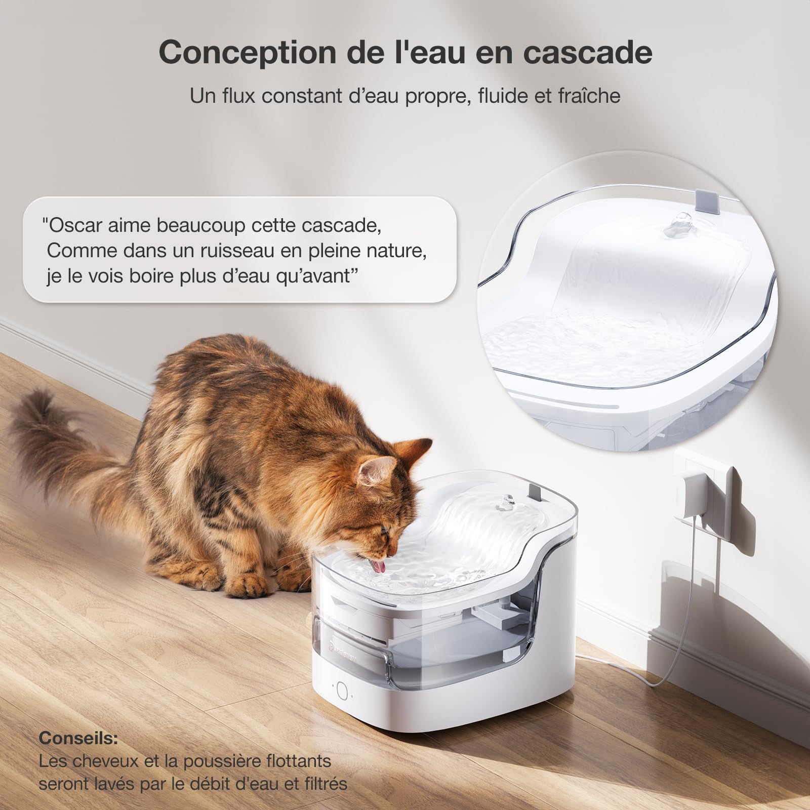 PETGUGU Fontaine a Eau Chat Intelligente, Distributeur Eau Chat Silencieux avec réservoir Transparent de 2L,Fontaine à Eau pour Chat avec 8 Niveaux de Filtration, contrôle Via APP (PF1)