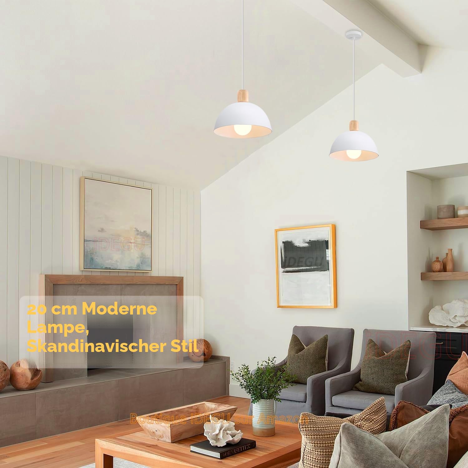 iDEGU Ø20cm Hängelampe Retro E27 LED Hängeleuchte Moderne Skandinavisch Deckenleuchte aus Metall Holz Pendelleuchte für Schlafzimmer Esszimmer Küche Restaurant (Weiß, 1 Stück)