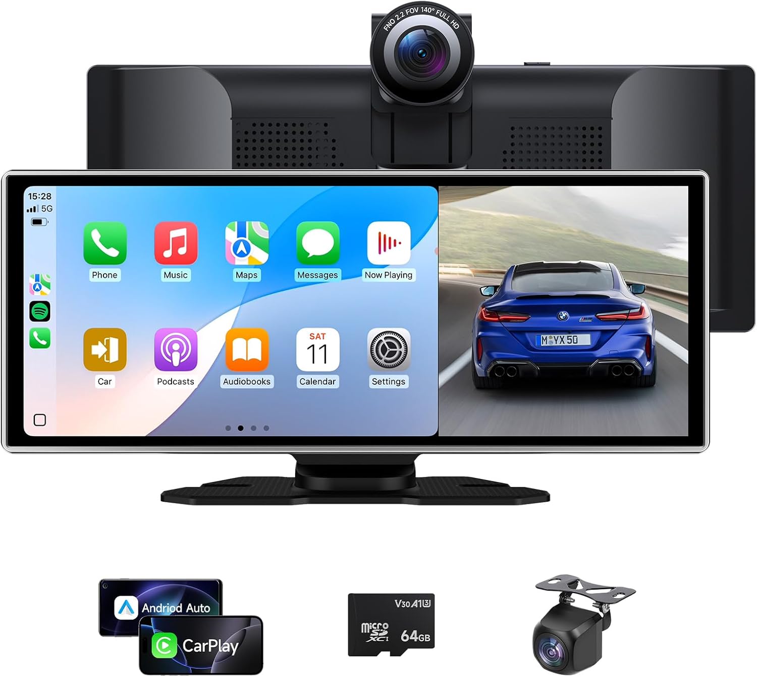 11.26'' Carplay Screen for Car with 4K Dash Cam & 1080P Backup Camera, Portable Wireless A-pple Carplay & Android Auto in Cell Touchscreen, GPS Navigation, Bluetooth, Siri, FM, Mirror Link