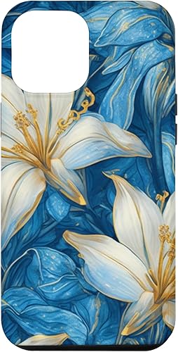 iPhone 14 Pro Max Hermosa Lily Flowers Foral Blanco Azul Acuarela Patrón Caso
