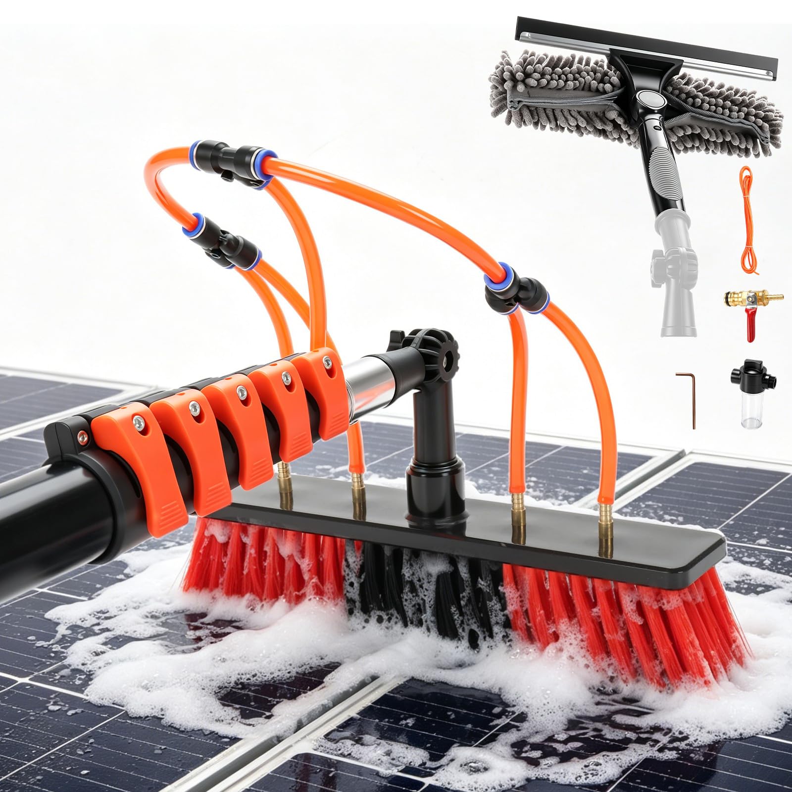 Kit Pulizia Pannelli Fotovoltaici 7,2 m 3 in 1 Spazzola Lavaggio Telescopica con Attacco Acqua, Asta Telescopica con Spazzola per Finestre, Tettoie, Camper, Pannelli Solari