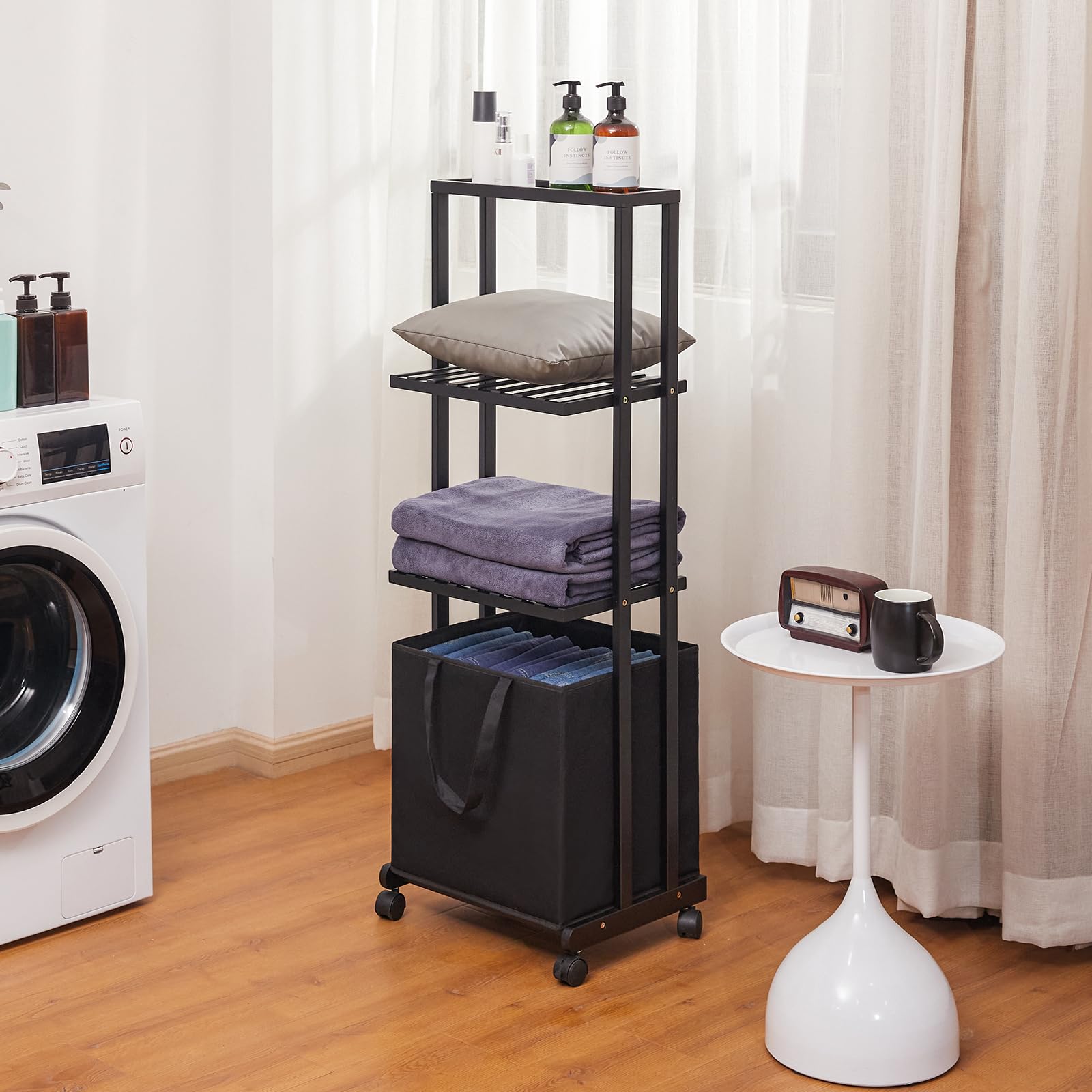 Yorbay Cestos para la Colada，Estantería de Baño en Bambú con Ruedas, 121x42x34cm, Para Ropa Sucia, Armario con Cesta para Organización de Colada (Negro)
