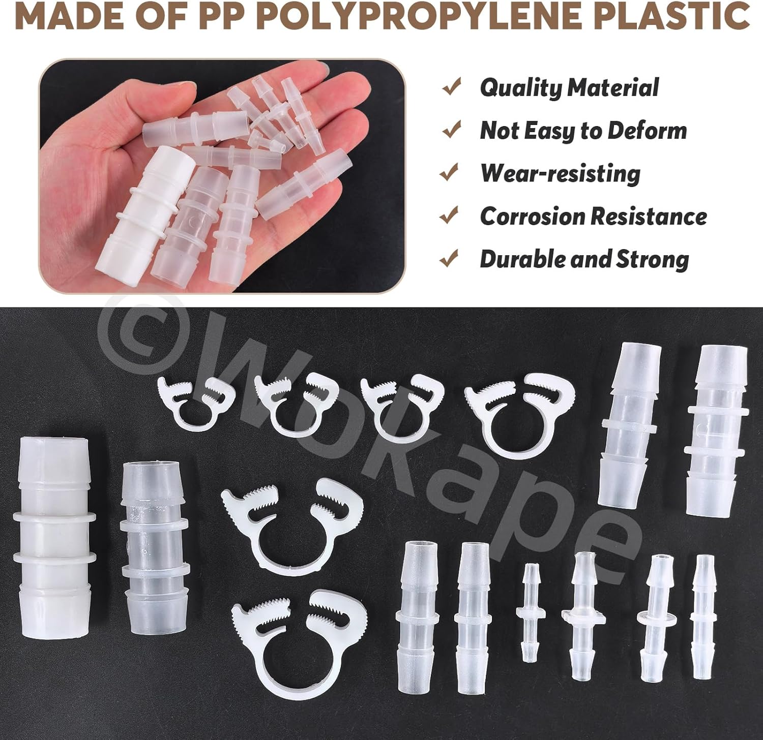 48Pcs Hose Barb Fitting Kit, 5/32" 7/32" 3/16" 5/16" 7/16" 3/8" 5/8" 1/4" 3/4" 1/2" 10 Sizes Plastic Reducer fittings W Hose Clamps Pipe Connectors Aquarium Union Splicer Adapter for Gas Air