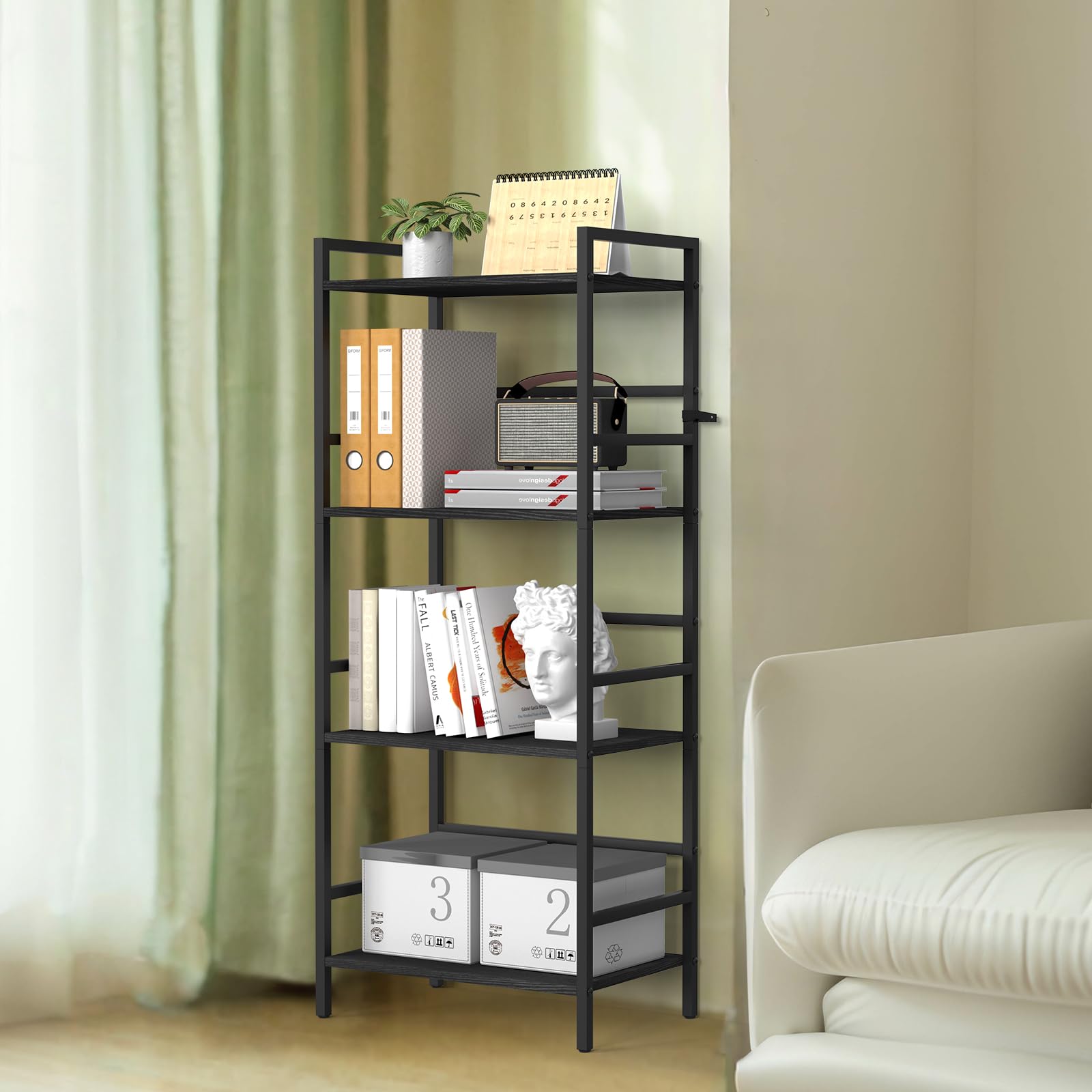 CADUKE 4-stufig Bücherregal, Standregal mit Holzablagen, Schwarzes Küchenregal, Industrielles Aufbewahrungsregal für Wohnzimmer, Büro, Schlafzimmer, 43 x 28 x 102 cm