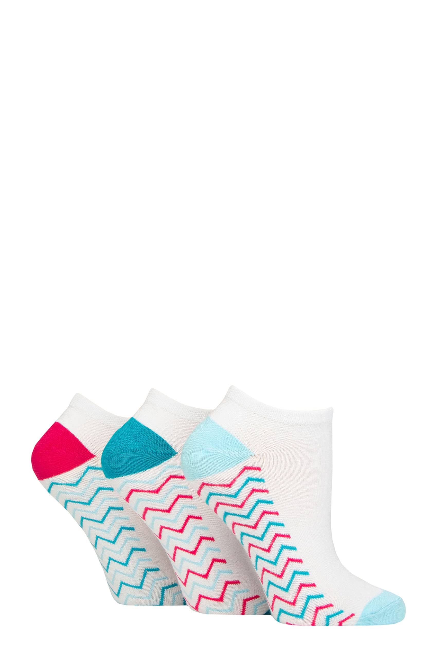 Sockshop Women's Zig Zag Sole White Pink / Teal Wildfeet Plain, Patterned And Contrast Heel Bamboo Trainer Socks Pack Of 3 Zig Zag Sole White Pink/Teal 4-8