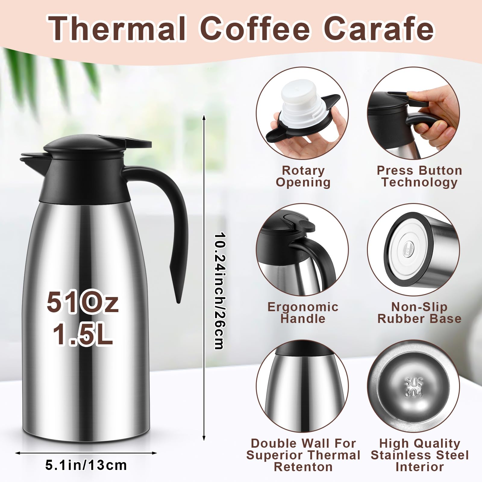 Norme 2 jarras térmicas de café de acero inoxidable aisladas para líquidos calientes al vacío, dispensador de crema con cepillos para mantener la leche caliente (plata, 31 onzas)