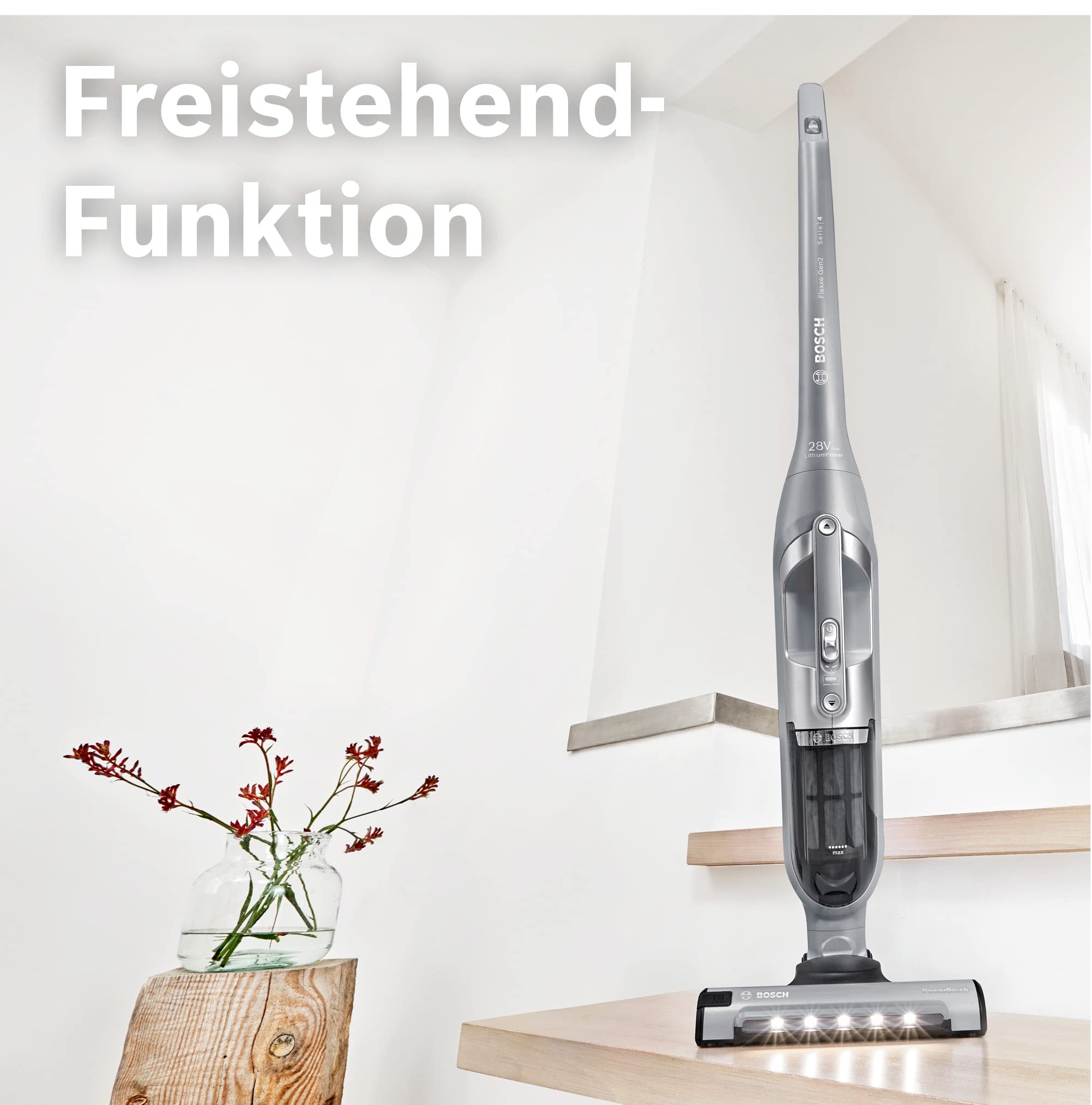 Bosch Akku-Staubsauger Flexxo 2in1 Serie 4 BBH3K2801, kabelloser Handstaubsauger, beutellos, hohe Saugleistung, Lange Laufzeit, Düse mit LED-Beleuchtung, alle Bodenarten, Silber