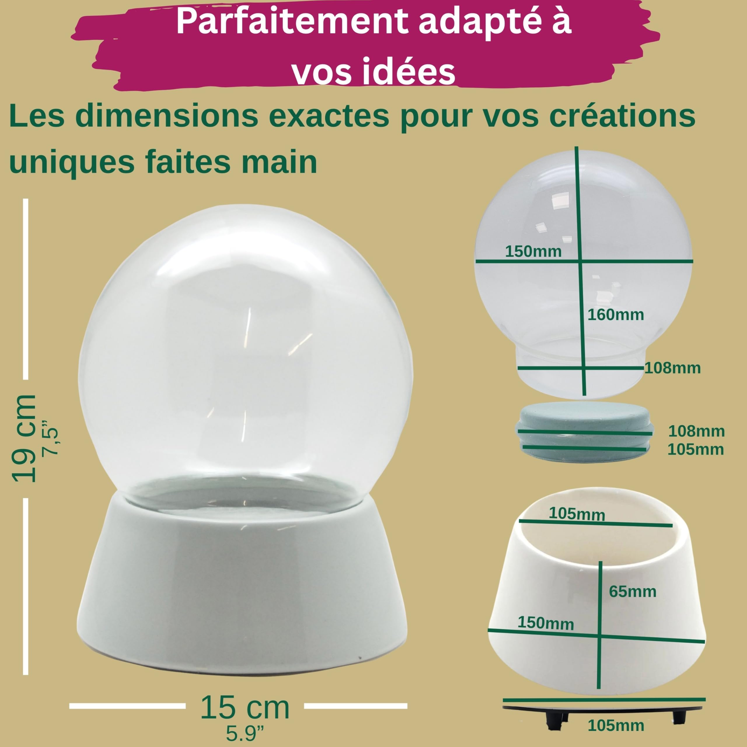 Boule à Neige Bastelset avec 1 x Neige | 150mm-Do-it-Yourself Boule à Neige avec Boule en Verre et Base en Porcelaine Blanc | pour boîte à Musique | DIY Boule à Neige | L : 150mm H : 180mm | 40036