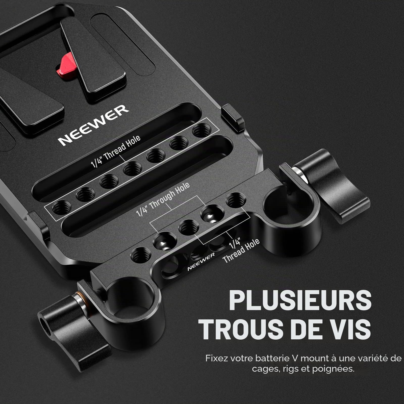 Neewer Plaque de Batterie à Montage en V avec Deux Pinces à Tige de 15 mm,filetages 1/4" et 3/8",Plaque de Montage de Batterie en métal V Lock pour Cage de caméra,Compatible avec SmallRig(ST43)