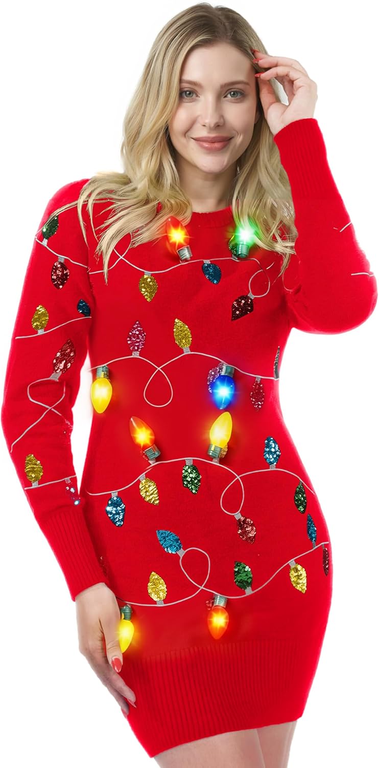 Giggling Getup Womens Light Up Ugly Christmas Sweater Dress with Light Up Bulb, Sweater Dresses for Women 2025 - Image 2