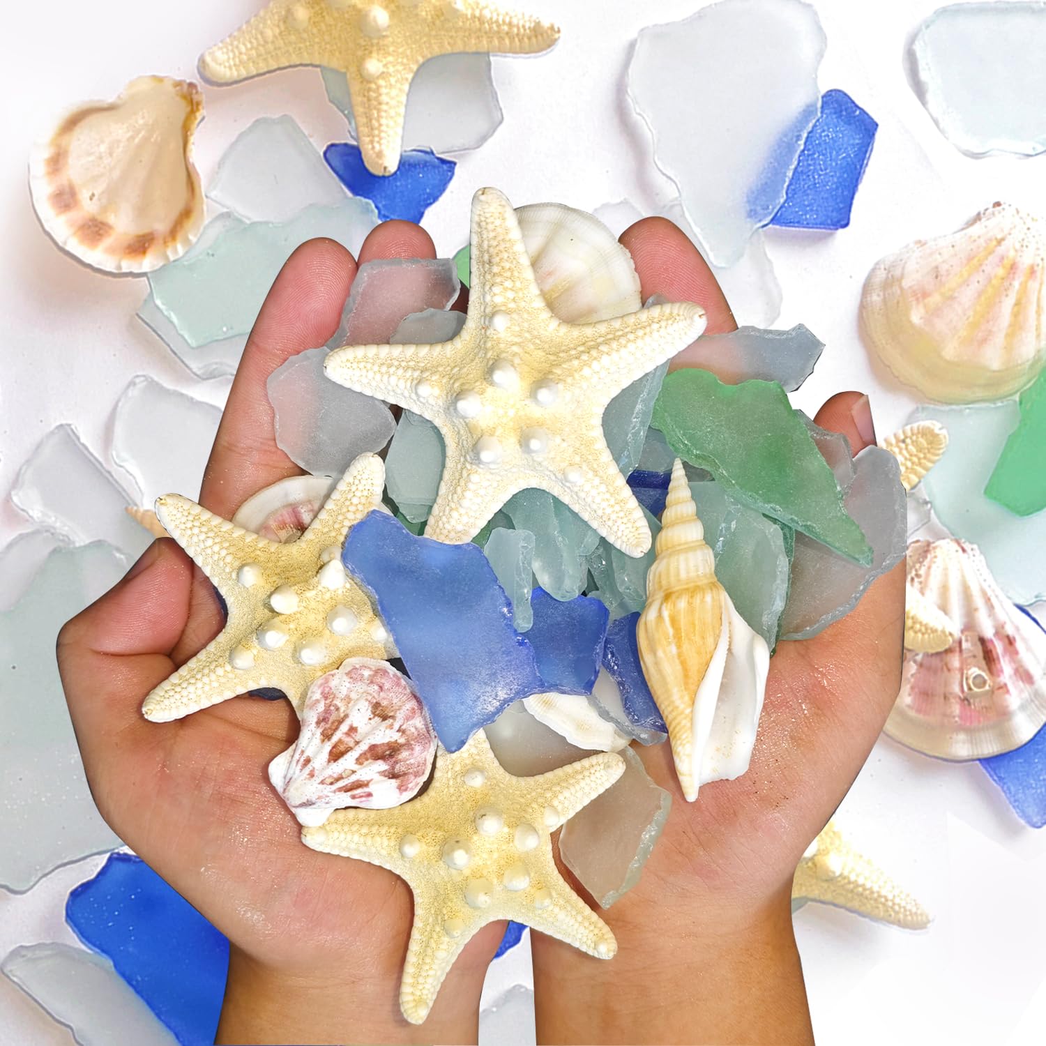 LJJSea Glass Decor Cobalt Blue Pieces and 9 Pieces Resin Assorted Starfish Shell Decor Tumbled Bulk 8.5oz Seaglass Pieces Ornament for Beach Wedding Party Decor Home DIY Craft