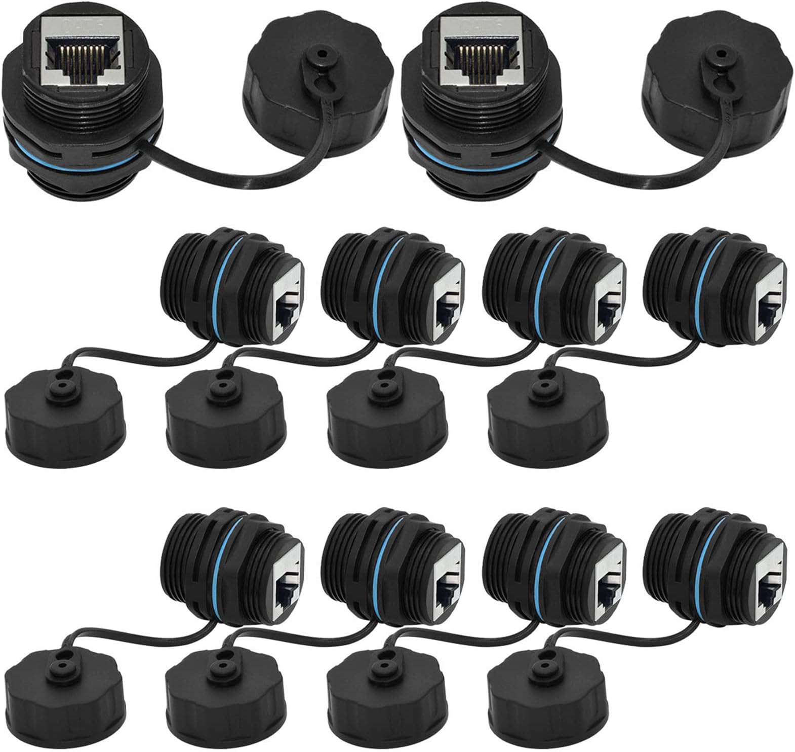 10PCS Panel Mounting Shielded CAT6 RJ45 Waterproof Connector Cat5/5e/6 8P8C Ethernet LAN Cable Coupler Double Head Adapter with Waterproof/Dust Cap