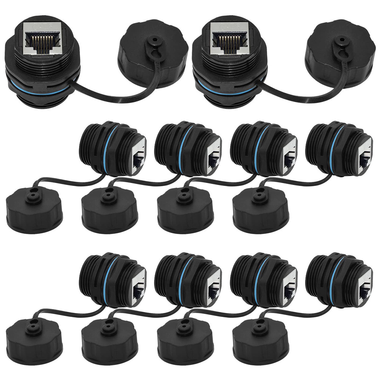 10PCS Panel Mounting Shielded CAT6 RJ45 Waterproof Connector Cat5/5e/6 8P8C Ethernet LAN Cable Coupler Double Head Adapter with Waterproof/Dust Cap