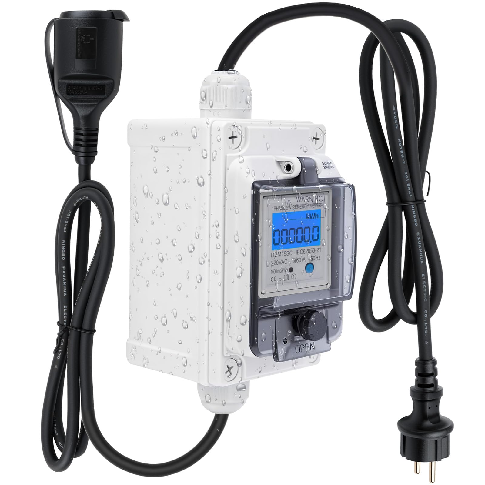 Contatore elettrico digitale per presa di corrente – Misuratore di consumo digitale portatile con design impermeabile IP67, funzione di interruzione di corrente e corrente nominale 16 A per camper