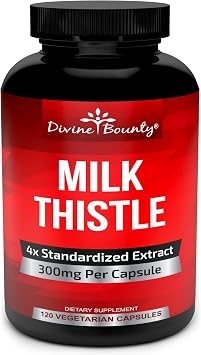 Divine Bounty Pure Milk Thistle Capsules - A Potent Milk Thistle Supplement with 300mg of Milk Thistle Seed Extract Standardized - 120 Vegetarian Capsules