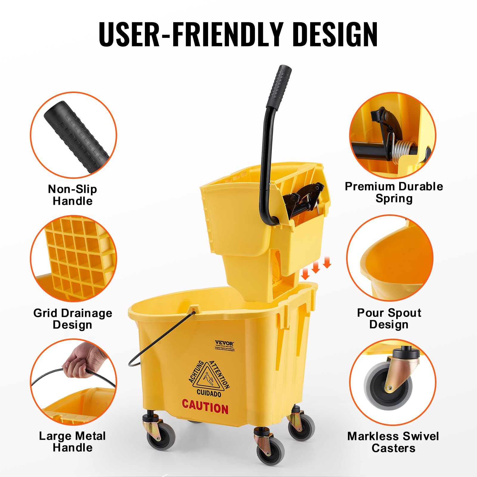 VEVOR Wischeimer Moppeimer mit Wringer, 26 QT Gewerblicher Wischeimer mit seitlicher Presspresse, Gelb