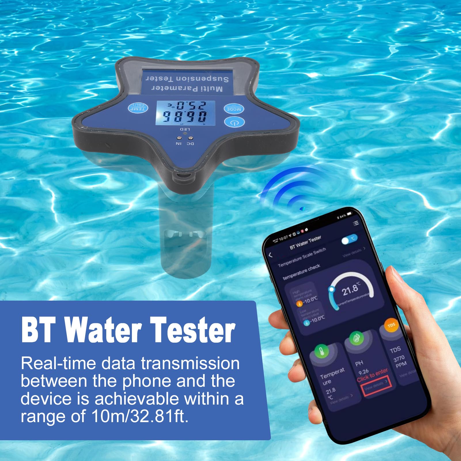 Goshyda Probador de Agua Digital, Medidor de Calidad del Agua Bluetooth Sensor de Temperatura Incorporado, para Detectar Temperatura PH ORP TDS EC Salt S.G CL, para Acuicultura en