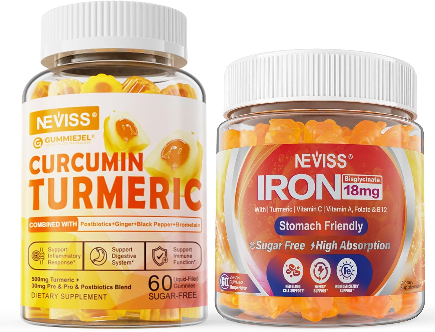 Sugar Free Turmeric Curcumin Filled Gummies 550mg for Adults,Vegan Iron Gummies Supplement with Vitamin C