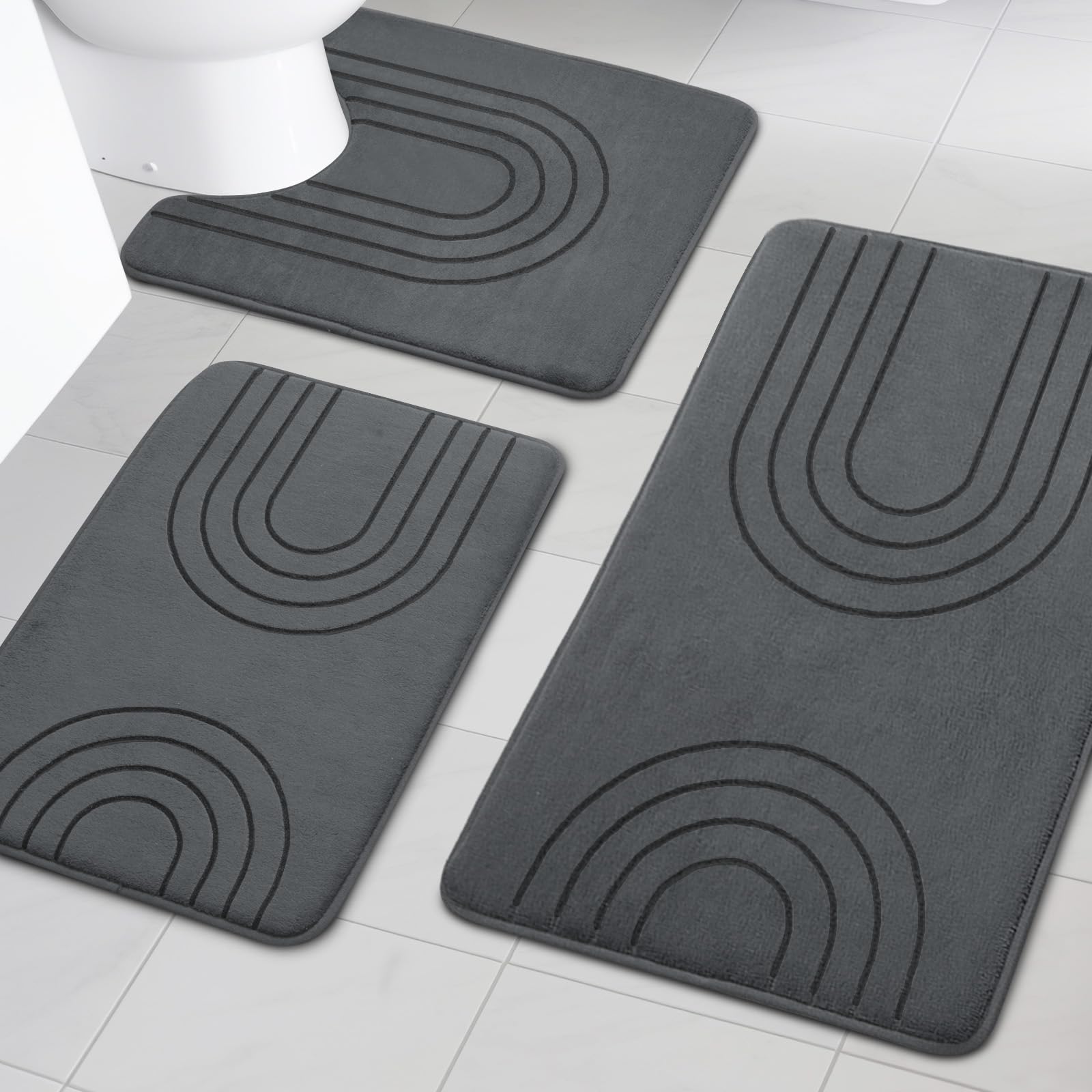 chakme Memory Foam Grey Bathroom Rug Set, 3 Piece Ultra