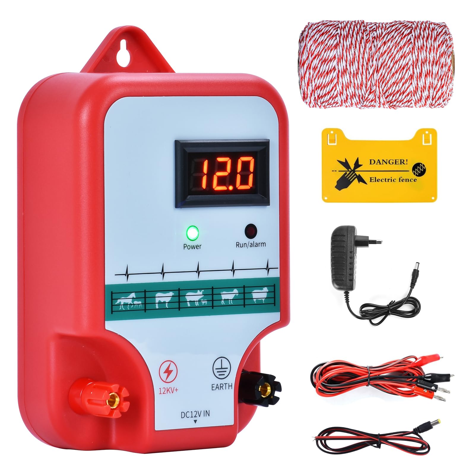 15KM Pastor Electrico, cerca eléctrica Controlador de pulso de alto voltaje seguro Granja de animales Cerca eléctrica Pastor Granja de animales Pastor eléctrico (Rojo)