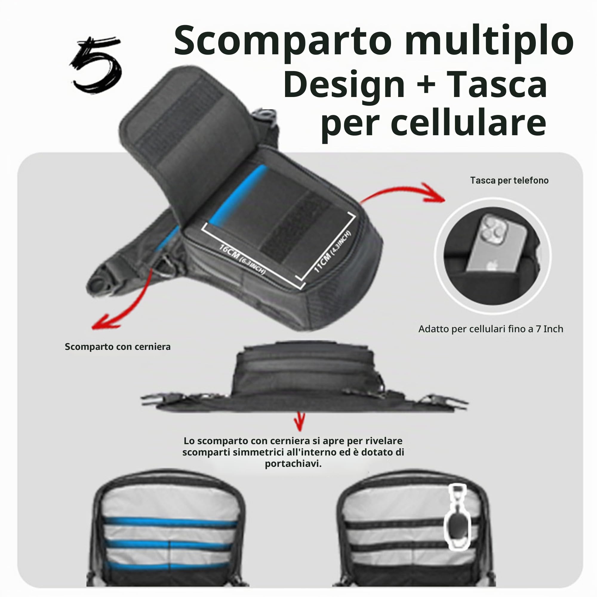 Rhinowalk Borsa da serbatoio per moto da 2,4 l, multifunzionale come tasca sulla gamba, tasca sul petto o borsa a tracolla, con o senza fissaggio magnetico, nero, 2.4 liters