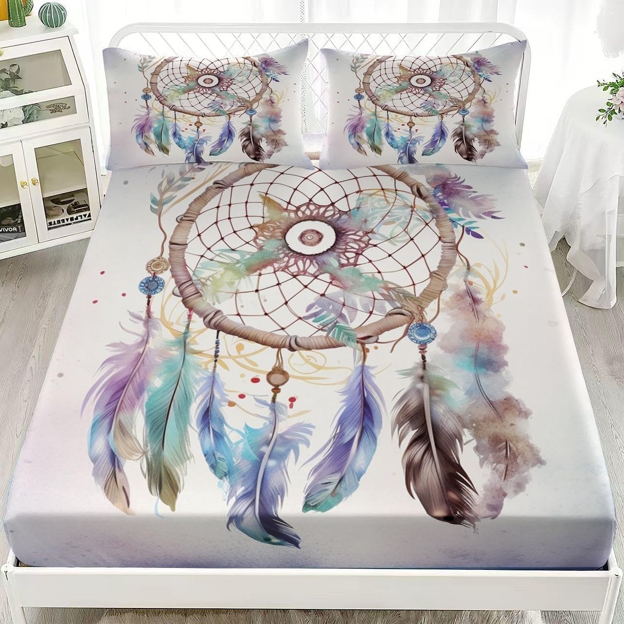 Dreamcatcher Fitted Sheet Feathers Bed Sheets Deep Pocket 12 inch (30 cm) Soft Cozy 3 Piece Microfibre Bed Sheet 200x200 cm with 2 Pillowcases 50x75 cm