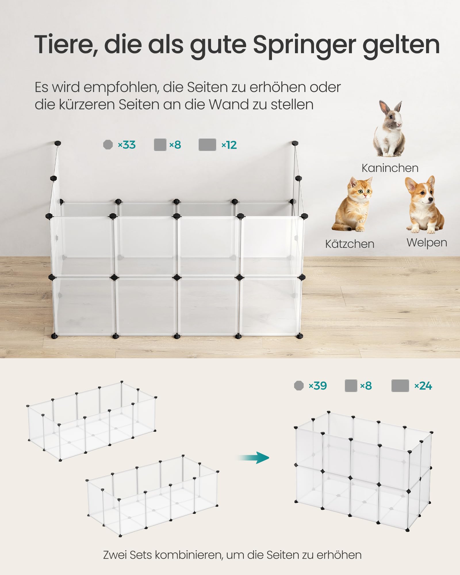 SONGMICS Freigehege mit Bodenplatten, Laufstall, Meerschweinchen Gehege, aus Kunststoff, Gehege für Hamster, Kaninchen, Igel, 140 x 70 x 45 cm, weiß LPC02W