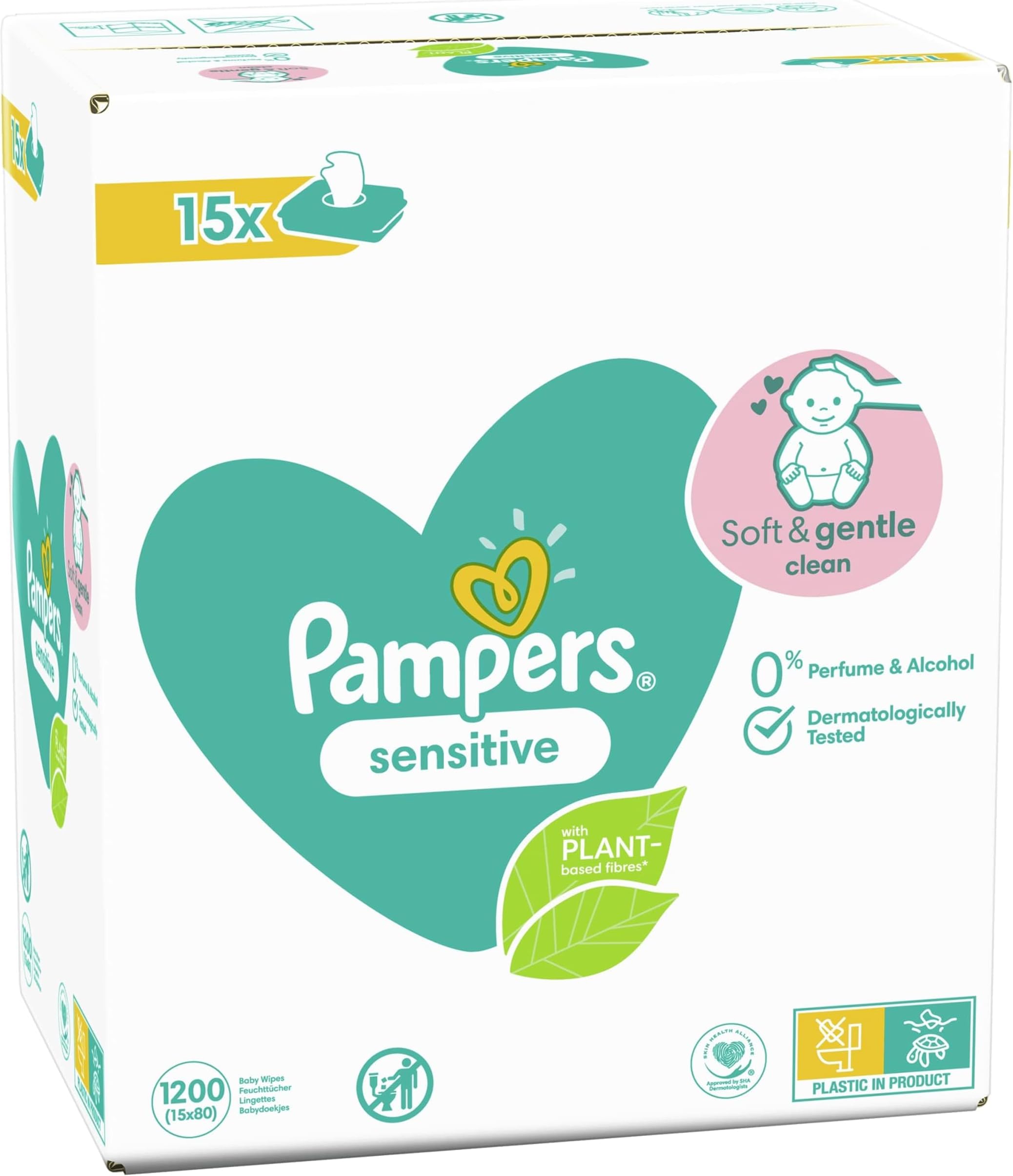 Pampers Baby Wipes Multipack, Sensitive, 1200 Wet Wipes (15 x 80), Baby Essentials for Newborn, Fragrance Free