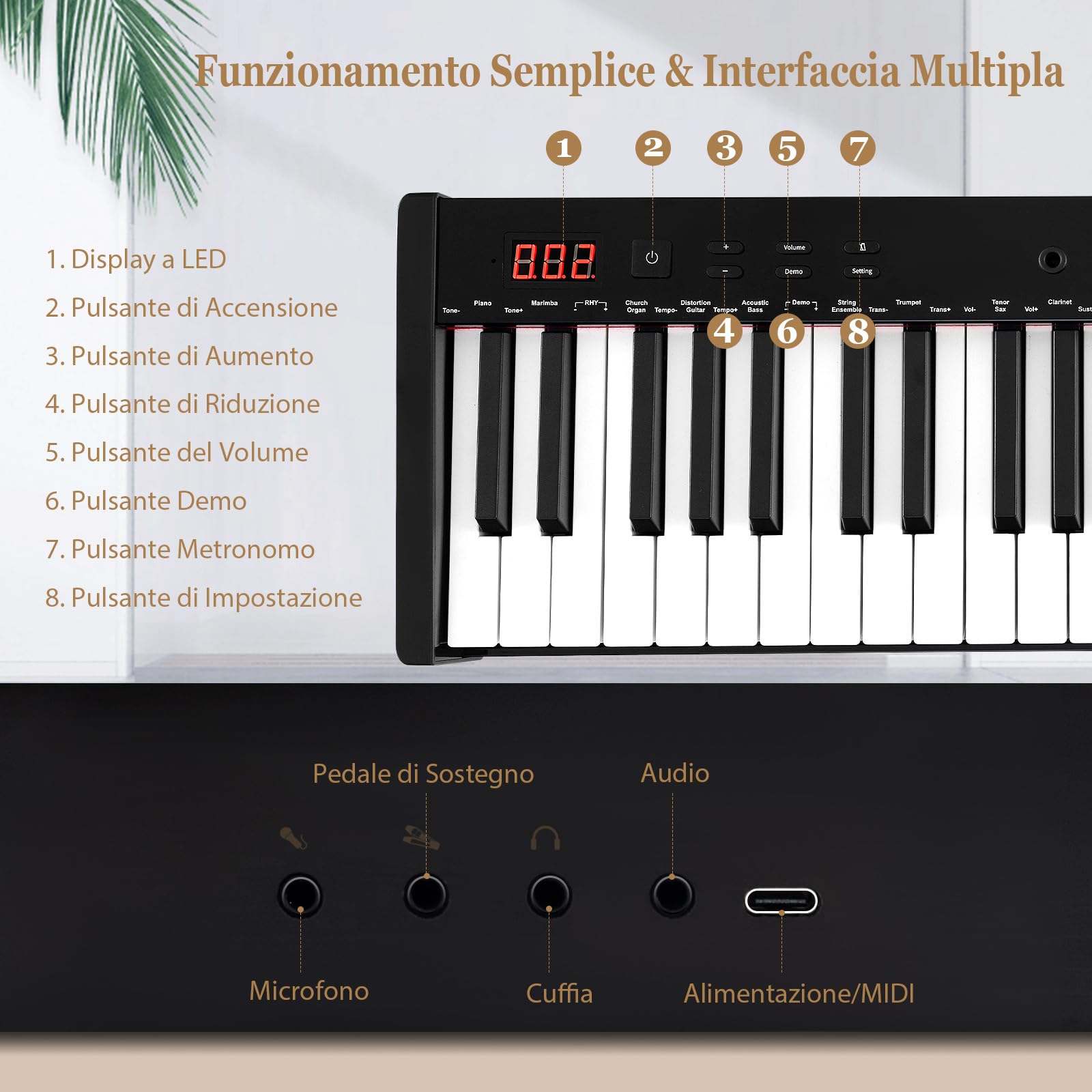 COSTWAY Set Pianoforte Digitale 61 Tasti, Tastiera Musicale con Sgabello Portatile, Pianoforte Elettronica con Supporto, Pedale Sustain, MIDI, USB e Funzione di APP Bluetooth