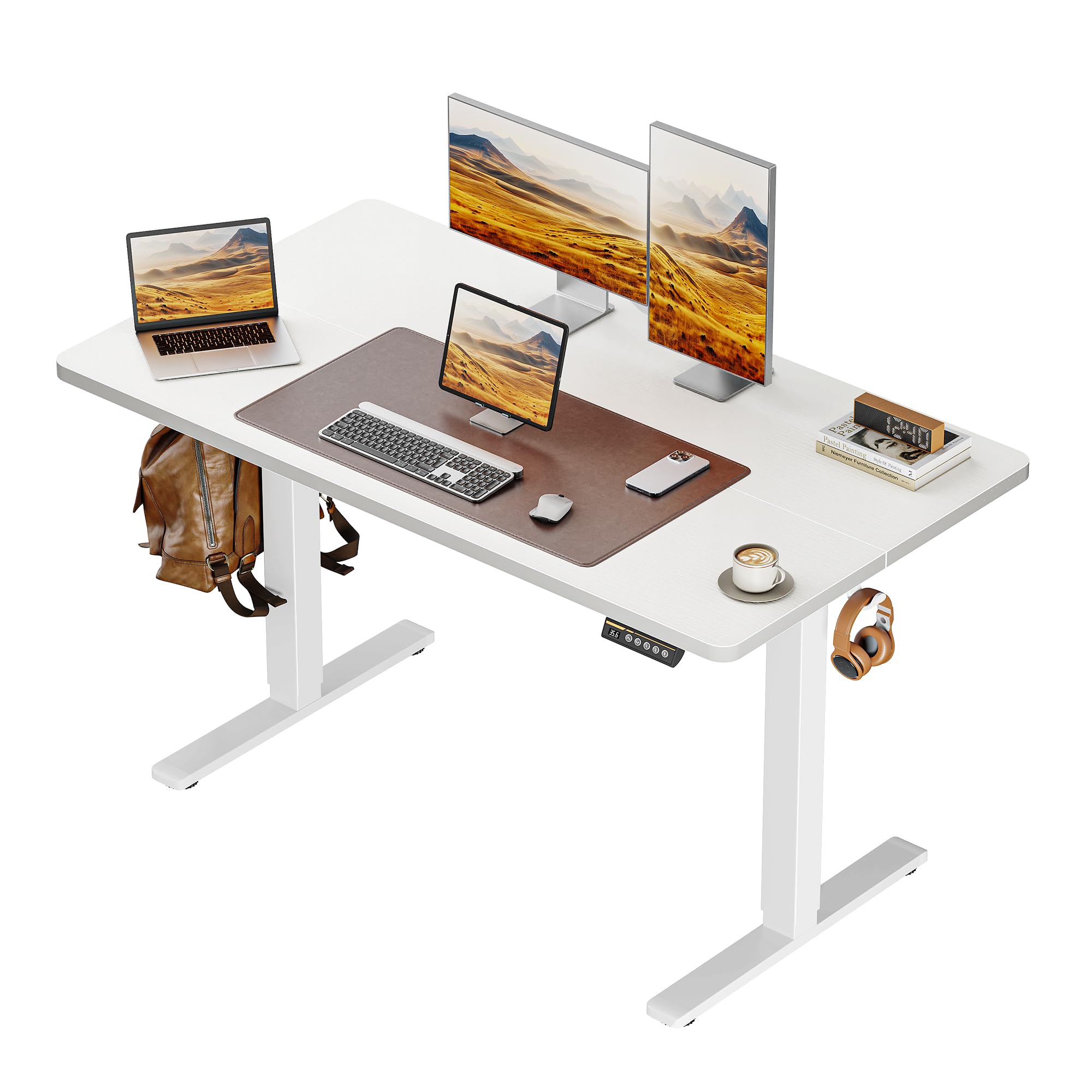 Huuger 48 x 28 Large Electric Standing Desk, Height Adjustable Desk, 27.6" Deep Desktop, Stand up Gaming, 2 Hooks, 3 Preset Heights, for Home Office, White