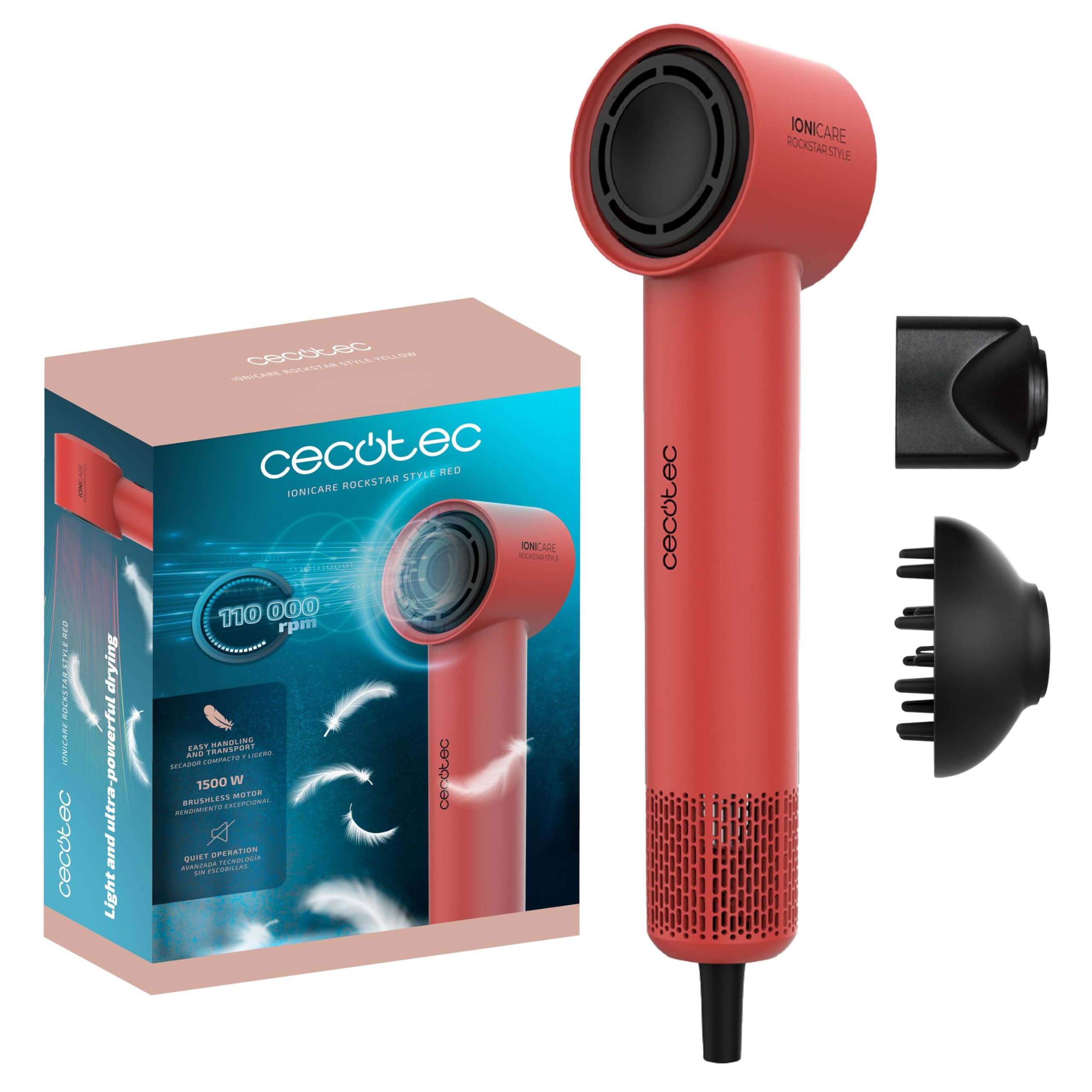 Cecotec Secador de Pelo Ionicare Rockstar Style Red, Secador Muy Compacto y Ligero, Motor 1500W 110000 Rpm, Generador de Iones, 4 Temperaturas, 3 Velocidades, Silencioso: Tecnología Brushless