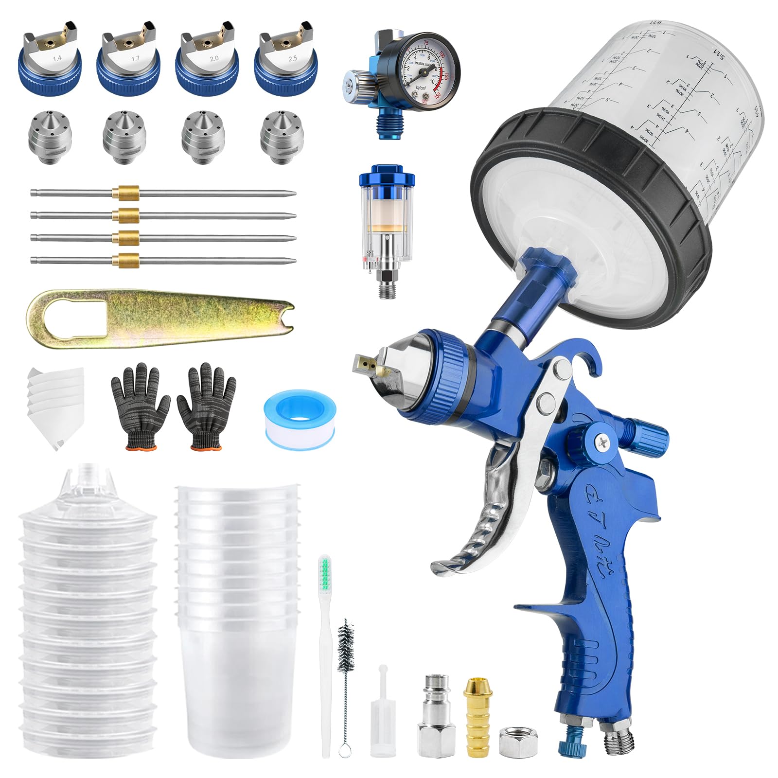 HVLP Air Spray Gun, Gravity Feed Paint Sprayer with 10pcs 650ml Disposable Cups, 1.4/1.7/2.0/2.5mm Nozzle & Air Regulator Automotive Paint Gun for Car Home Furniture DIY Painting
