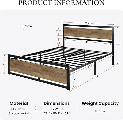 Miniatura 2 de SHA CERLIN Full Size Bed Frame with Modern Headboard, Heavy Duty Platform Metal Base with Square Footboard and 13 Strong Slats Support, No Box