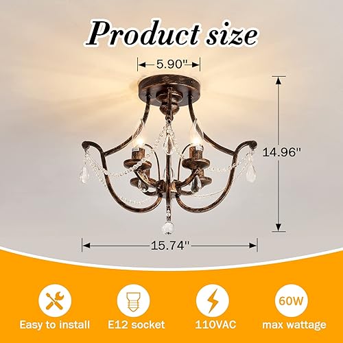 Miniatura 2 de UOFUS Lámpara de techo moderna semiempotrada, candelabro de cristal pequeño de 4 luces, lámpara de techo de bronce para vestíbulo, cocina, pasillo,