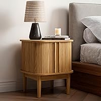 Vista 1 de Fluted Nightstand with Sliding Doors, Modern Bedside Table with Solid Wood Legs, Wood Night Stand for Bedroom (Natural)