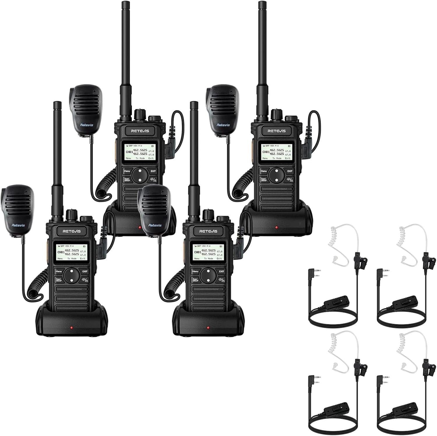 Retevis RT86S Walkie Talkie(4 Pack) Bundle with Noise Cancelling Earpiece(4 Pack),Professional 2 Way Radio Long Range with Mic,Heavy Duty,Group Call,NOAA,LCD Screen,Type-C,Emergency Two Way Radios