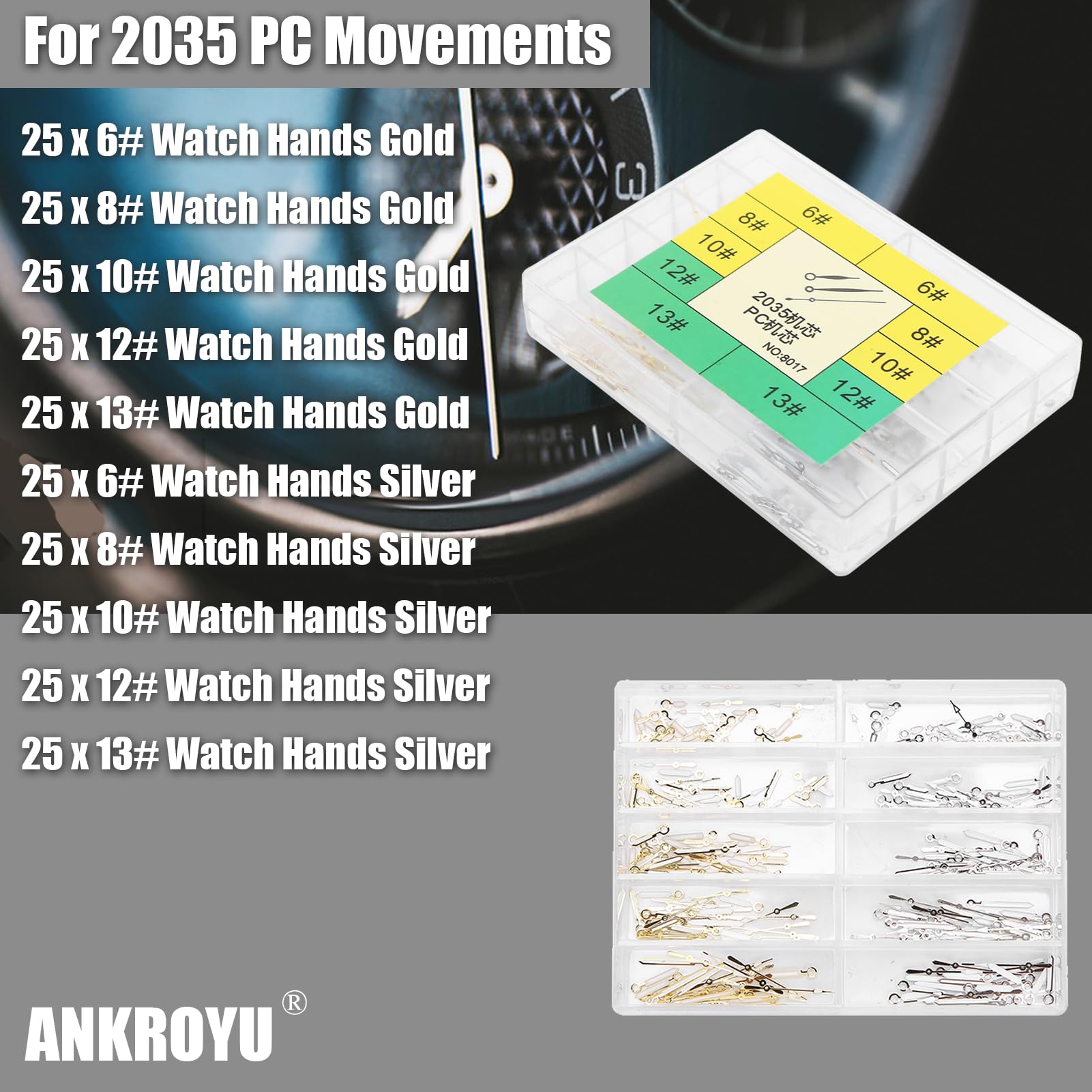 ANKROYU 250pcs Hands Watch Replacement Needles, Luminous Watch Hands for 2035 Movement Gold Silver, Professional Watch Repair Tools for Watchmaker Repairer