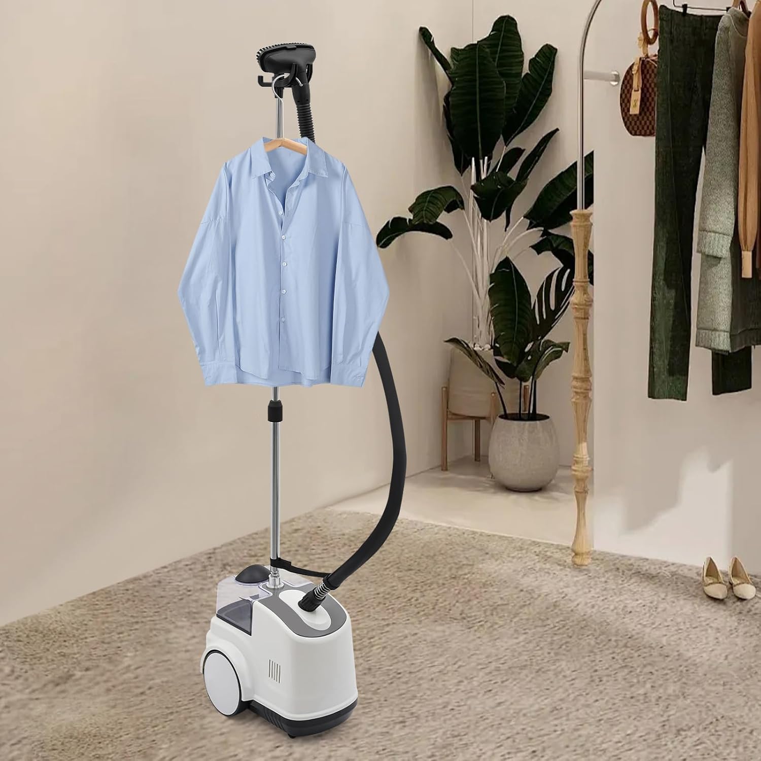 1500W Standing Garment Steamer with Four Wheels, 2 Adjustable Temperature Levels Standing Steamer, Fast Heats in 45s, Professional Clothes Steamer for Homes, Shopping Malls (White)