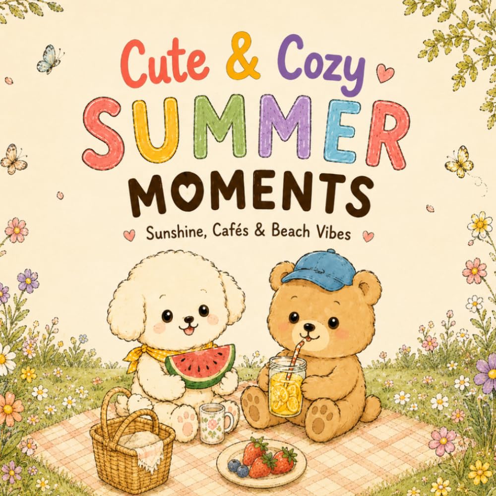 Cute & Cozy Summer Moments Coloring Book: Adorable Animal Coloring Pages with Cafés, Beach Days, Sweet Treats, Gardens, and Cozy Scenes for Everyone