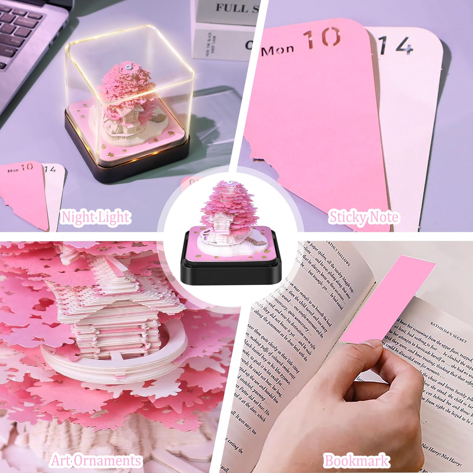 3D Calendar Notepad 2025 With LED Lights - Paper Carving Desk Calendar, Daily Tear-Off, Pink, With Display Box