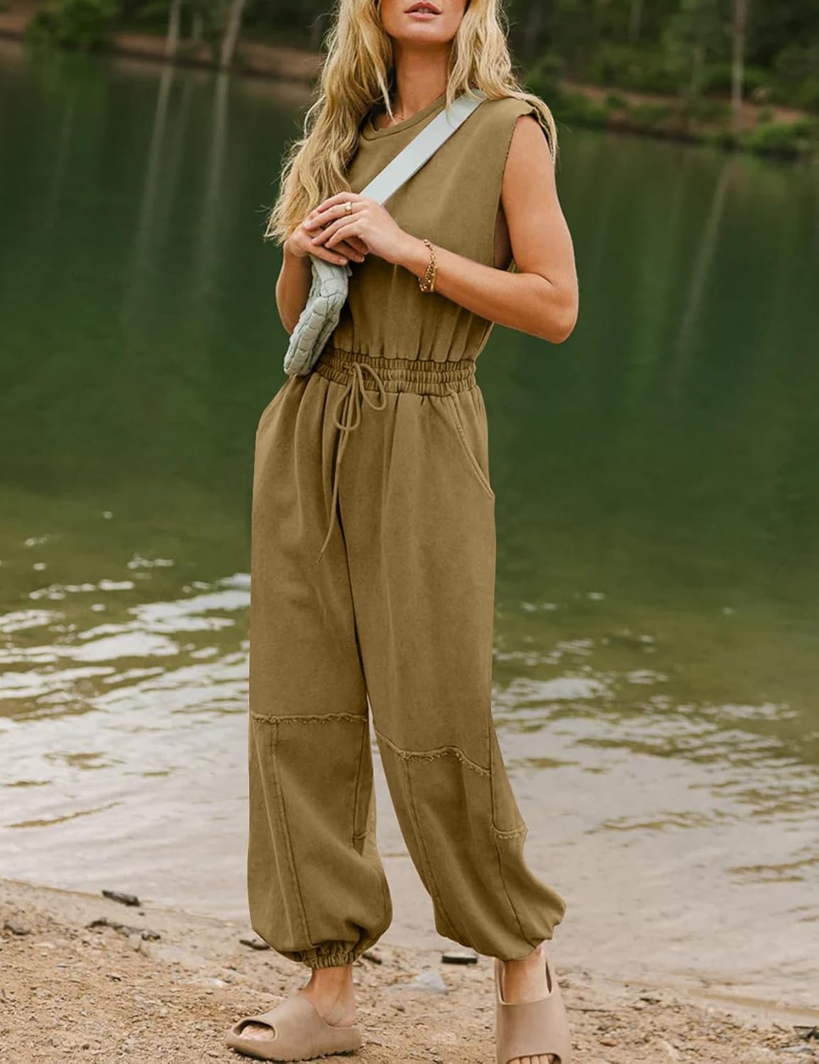 Kissonic Jumpsuits for Women Casual Crewneck Cap Sleeve Drawstring Romper One Piece Outfits with Pockets - Image 3