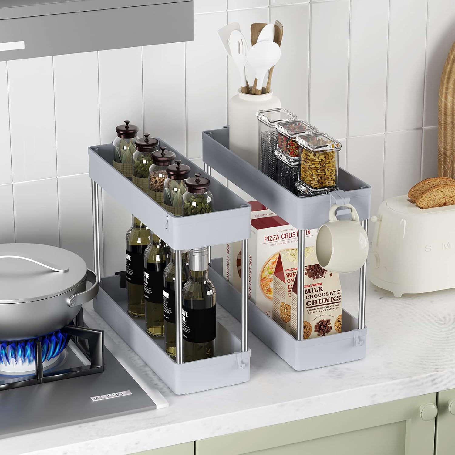 Ronlap 4 Tier Skinny Storage Rolling Cart, Thin Storage Cart with Wheels Slide Out Storage Rolling Cart Organizer Plastic Utility Carts for Bathroom Laundry Room Kitchen Office Narrow Place, Grey