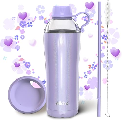 Botella de agua con aislamiento iridiscente para mujer, botellas de agua de acero inoxidable de 18 onzas, doble pared, 2 tapas (vaso y vaso),