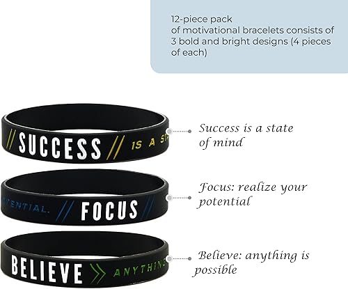 Miniatura 3 de Inkstone Paquete de 12 pulseras de silicona motivacionales – Éxito, Enfoque y Cree, paquete al por mayor de 12 pulseras de silicona – Regalos de