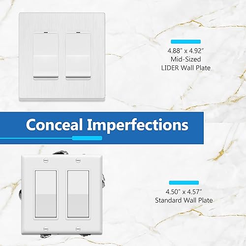 Miniatura 204 de LIDER - Cubierta decorativa de interruptor doble con acabado mate, placa de pared sin tornillos, tamaño mediano, 2 bandas, 4.88 x 4.92 pulgadas